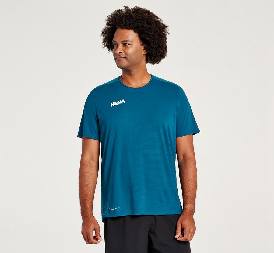 Top Hoka One One Hombre - Performance Short Sleeve - Azules - ATO926308